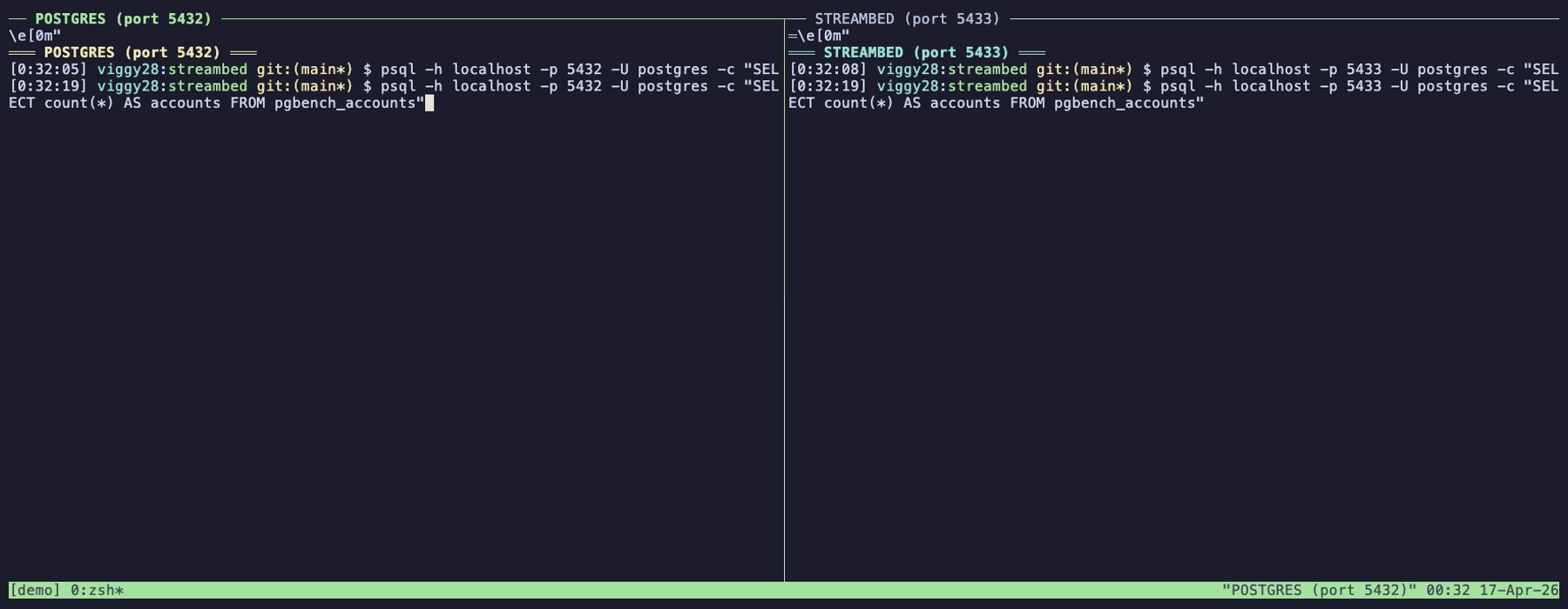 Same analytical query. Postgres on the left, Streambed on the right.